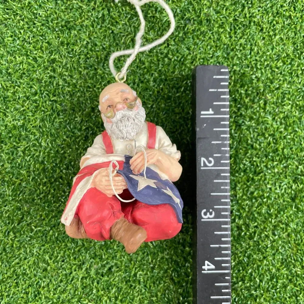 Vintage Santa Claus Sewing American Flag Patriotic Holiday Christmas Ornament